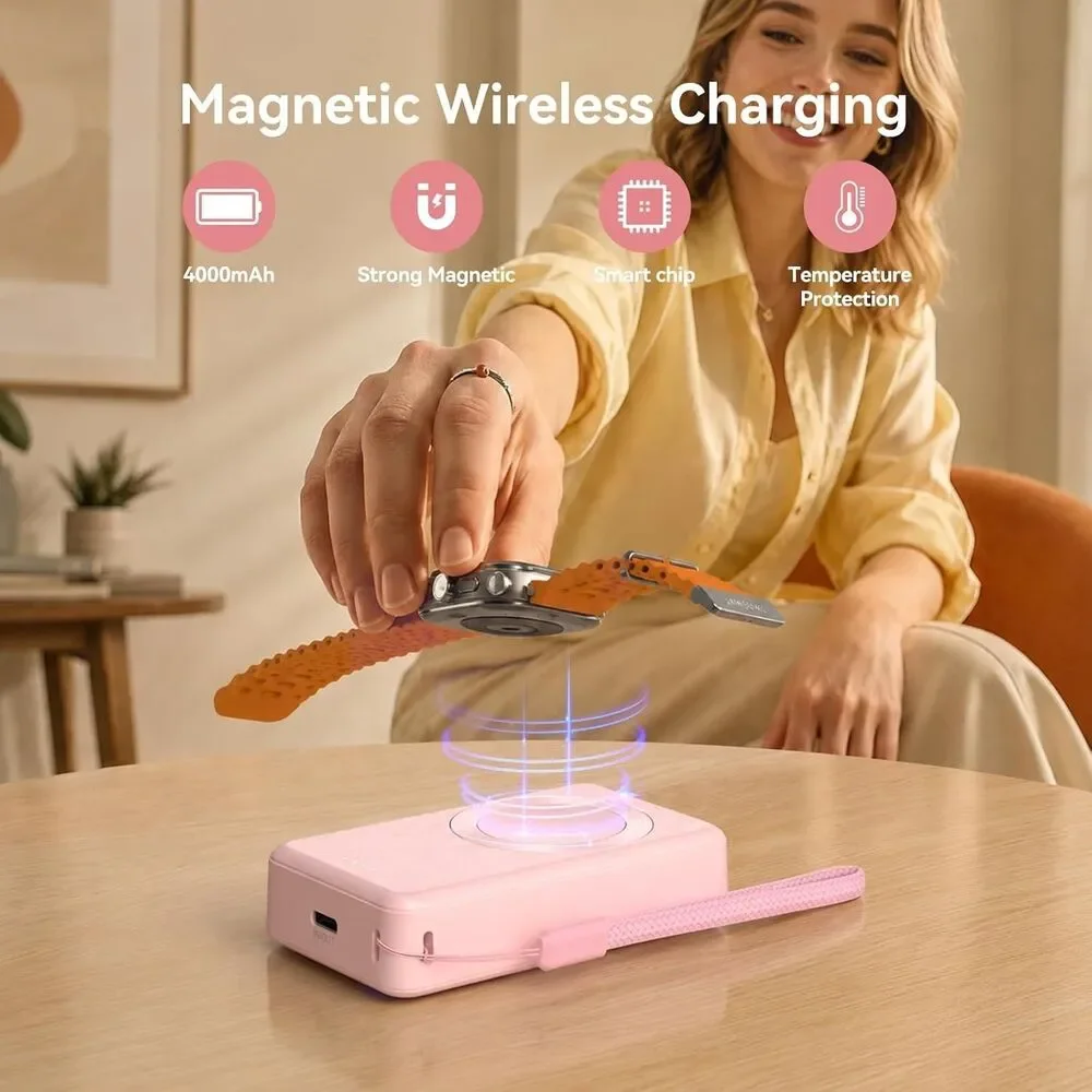 Pink Samsung Galaxy Watch Charger 4000mAh Power Bank Magnetic Wireless 2-in-1